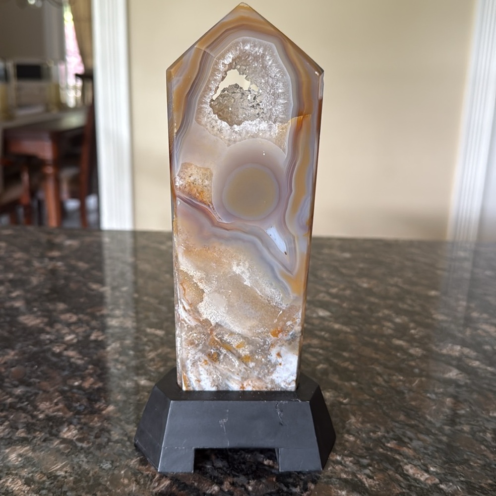 Large Agate Druzy Tower Wooden Base Brazil